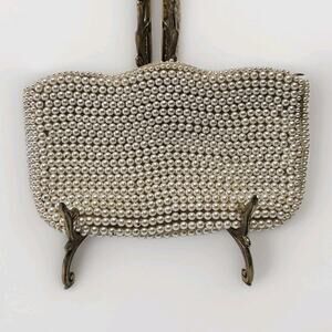 Vintage 1950s Beaded Clutch Wallet Purse Beige Faux Pearl Beads Formal Wedding